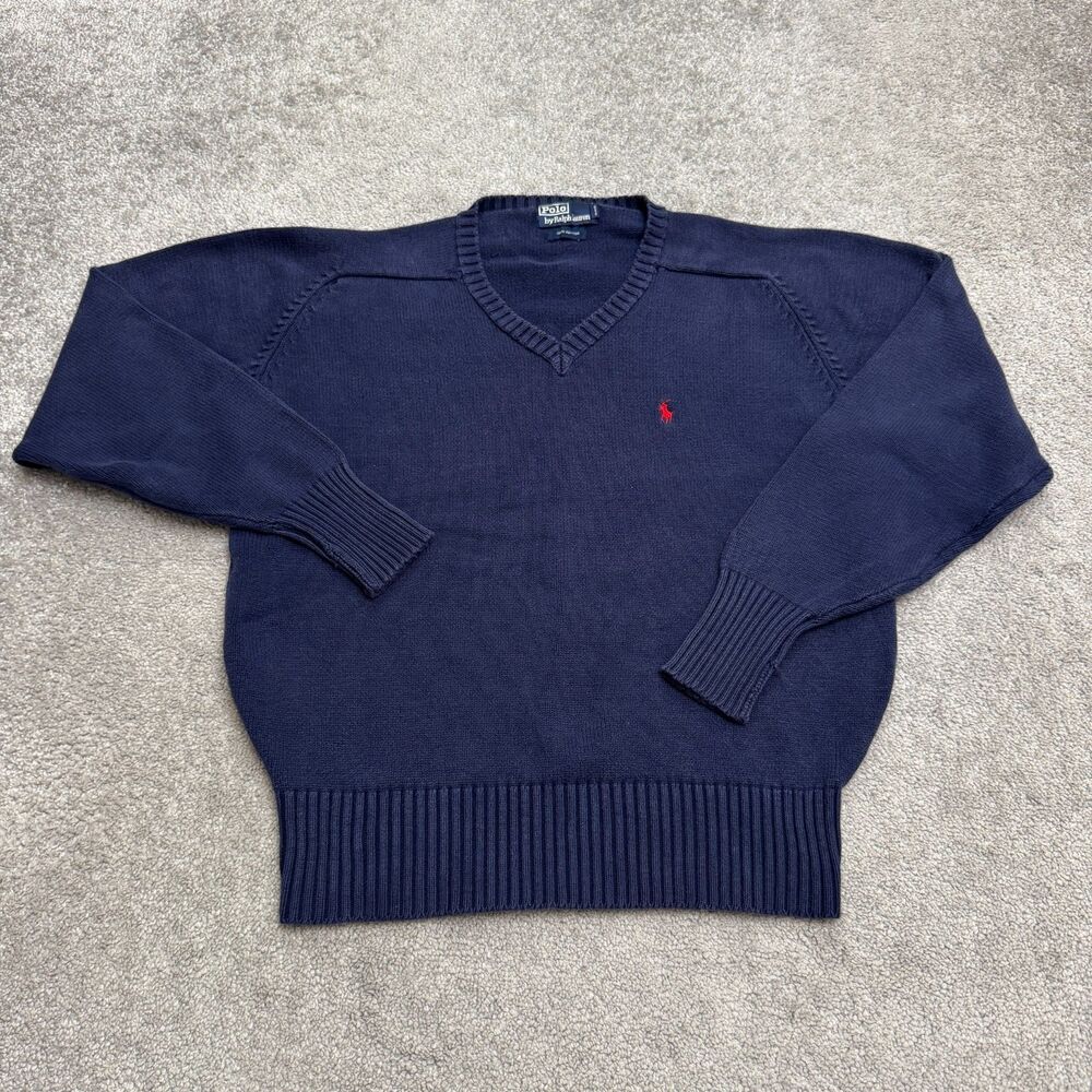 Vintage 90s Polo Ralph Lauren V-Neck Sweater Mens Medium Blue Red Pony Cotton